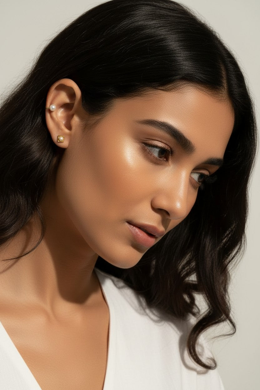 pearl ear cuff, gold ear cuff, no piercing ear cuff, pearl stud earrings, square pearl earrings, ear party earrings, layered ear look, gold pearl jewelry, curated ear stack, on-model earring styling