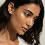 pearl ear cuff, gold ear cuff, no piercing ear cuff, pearl stud earrings, square pearl earrings, ear party earrings, layered ear look, gold pearl jewelry, curated ear stack, on-model earring styling