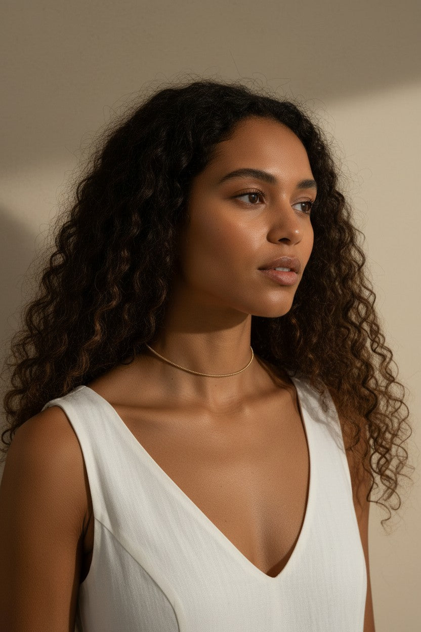 gold beaded choker, dainty gold choker necklace, beaded chain choker on model, minimalist gold choker, layering choker necklace, thin gold choker, delicate beaded necklace, gold choker close-up