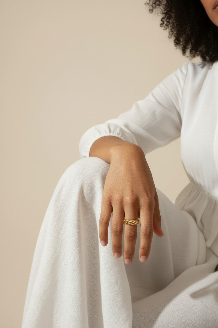 croissant ring on model, twisted ridge gold ring, textured dome ring lifestyle, chunky gold ring styled, 18k gold overlay ring, statement gold ring on hand, ribbed gold band ring, sculptural gold ring outfit