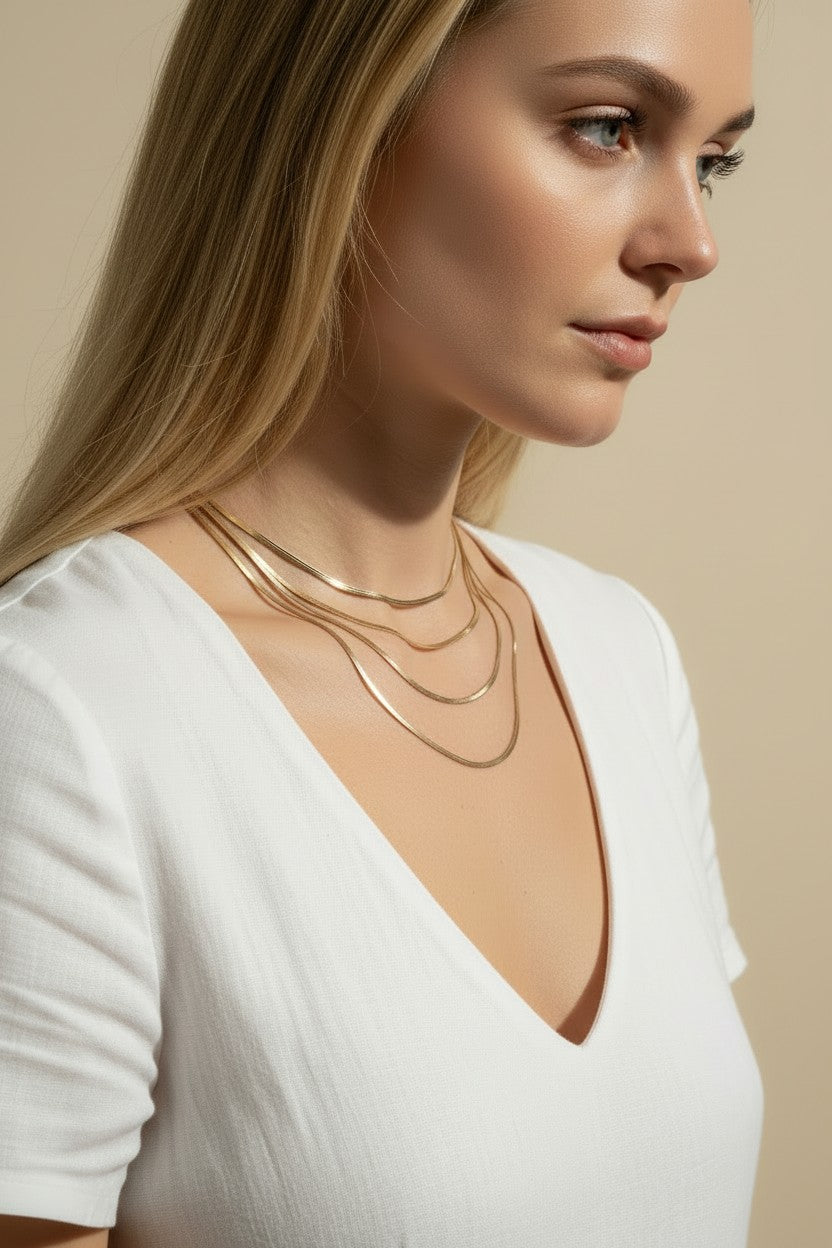 herringbone chain layering, mixed width gold necklaces, layered herringbone necklace set, gold chain stacking, 18k gold overlay layered necklaces, herringbone necklace styling, thick and thin chain layering, gold necklace stack on model