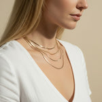 herringbone chain layering, mixed width gold necklaces, layered herringbone necklace set, gold chain stacking, 18k gold overlay layered necklaces, herringbone necklace styling, thick and thin chain layering, gold necklace stack on model