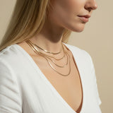 herringbone chain layering, mixed width gold necklaces, layered herringbone necklace set, gold chain stacking, 18k gold overlay layered necklaces, herringbone necklace styling, thick and thin chain layering, gold necklace stack on model