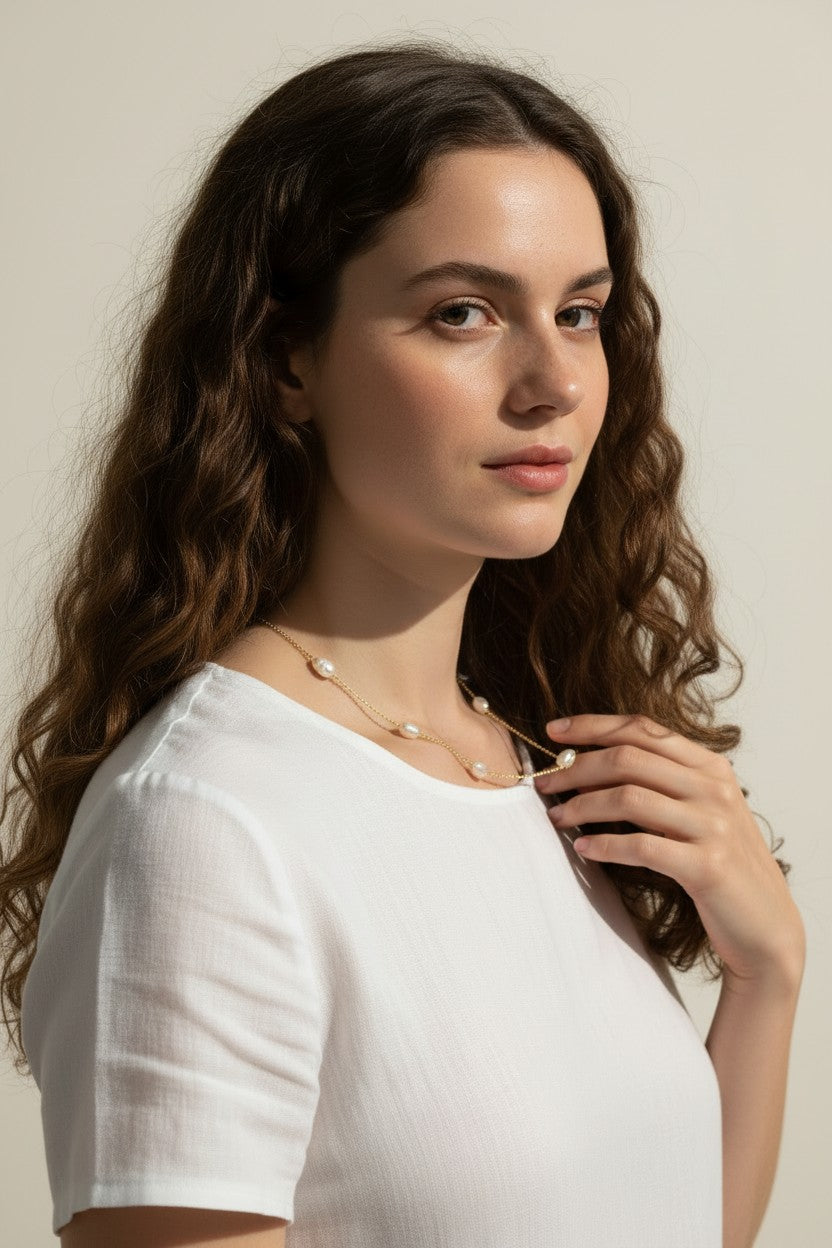 gold pearl station necklace, pearl chain necklace, freshwater pearl necklace, dainty pearl necklace on model, gold and pearl jewelry, scattered pearl necklace, layering pearl necklace, delicate pearl chain