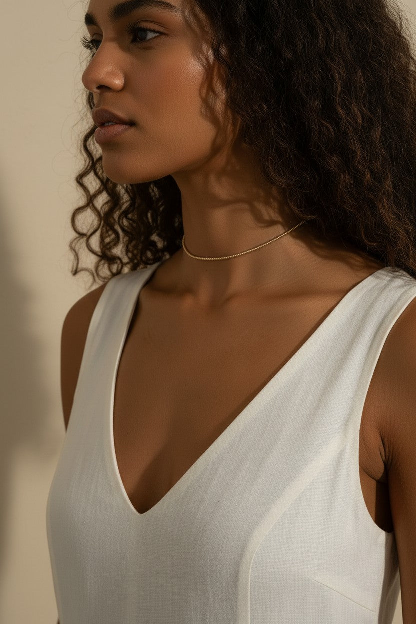 gold beaded choker, dainty gold choker necklace, beaded chain choker on model, minimalist gold choker, layering choker necklace, thin gold choker, delicate beaded necklace, gold choker close-up