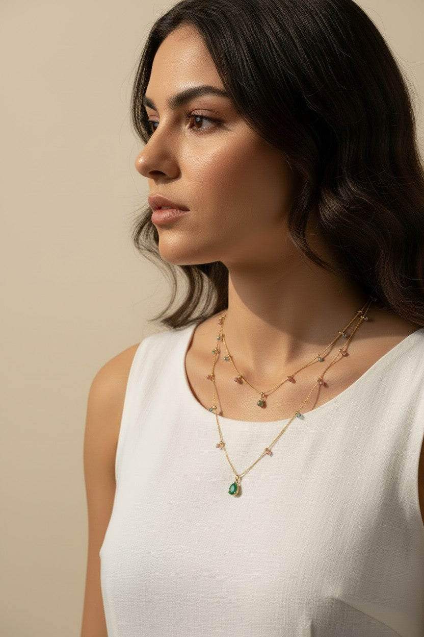 layered gemstone necklace, multicolor gemstone chain, emerald pendant necklace, gold layered necklace set, dainty gemstone necklace, colorful chain necklace, green stone pendant, layered necklace on-model