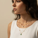 layered gemstone necklace, multicolor gemstone chain, emerald pendant necklace, gold layered necklace set, dainty gemstone necklace, colorful chain necklace, green stone pendant, layered necklace on-model