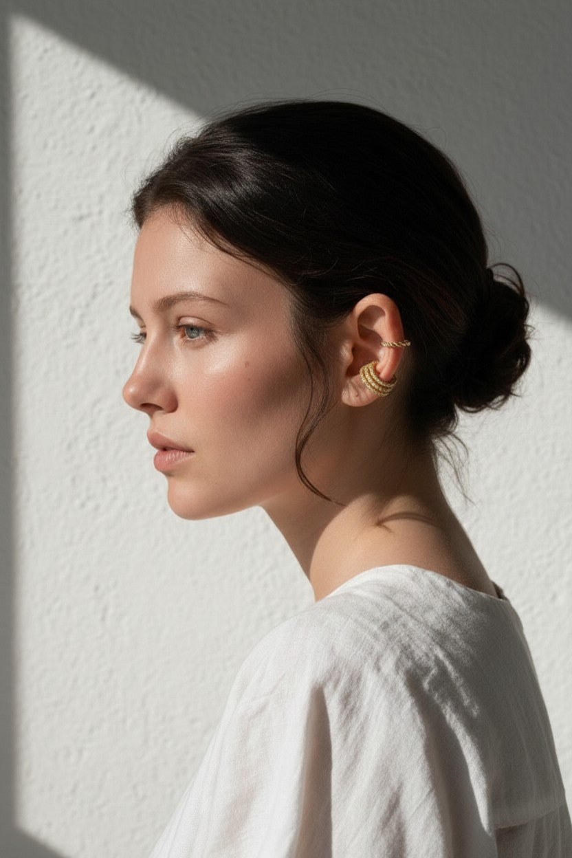 triple band ear cuff, pavé ear cuff, twisted rope ear cuff, gold ear cuff set, no piercing ear cuff, stacked ear cuffs, layered ear jewelry, crystal ear cuff on model
