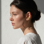 triple band ear cuff, pavé ear cuff, twisted rope ear cuff, gold ear cuff set, no piercing ear cuff, stacked ear cuffs, layered ear jewelry, crystal ear cuff on model