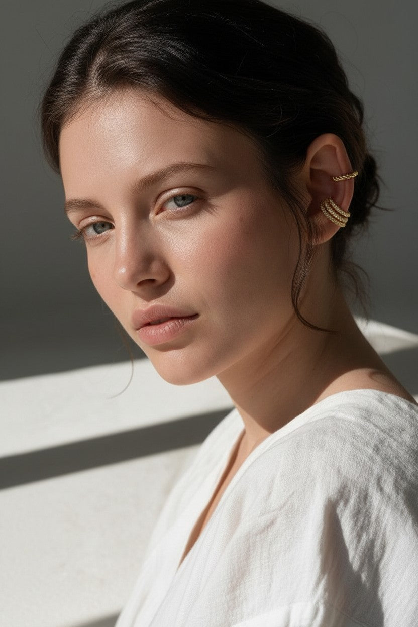 triple band ear cuff, pavé ear cuff, twisted rope ear cuff, gold ear cuff set, no piercing ear cuff, stacked ear cuffs, layered ear jewelry, crystal ear cuff on model