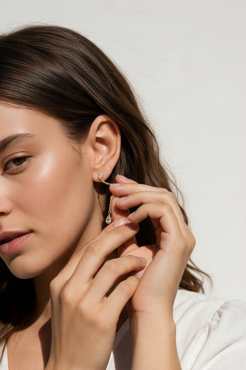 gold chain drop earrings, pear drop earrings, crystal drop stud earrings, dainty dangle earrings, bridal drop earrings, teardrop crystal earrings, gold chain dangle earrings, cubic zirconia drop earrings, delicate gold earrings, wedding earrings, elegant everyday earrings, women’s drop earrings