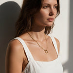 gold rolo chain necklace on model, round clasp necklace, charm holder necklace, spring ring clasp necklace, gold chain with ring clasp, modern gold chain necklace, front clasp necklace, layering chain necklace, everyday gold necklace, minimalist gold necklace, interchangeable pendant necklace, women’s gold chain necklace