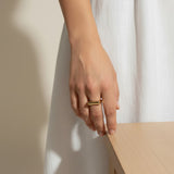 vertical bar ring, gold bar ring on model, minimalist geometric ring, modern stacking ring, architectural gold ring, sleek bar ring styled, everyday gold ring, statement bar ring