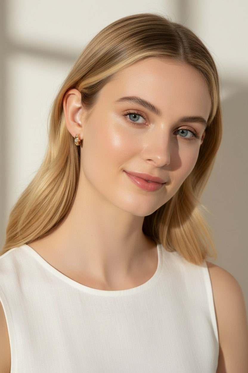 bezel set huggie hoops, crystal huggie earrings on-model, chunky gold hoop earrings, cubic zirconia hoop earrings, 18K gold overlay huggies, statement huggie hoops, bezel stone earrings, gold hoops close-up