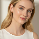 bezel set huggie hoops, crystal huggie earrings on-model, chunky gold hoop earrings, cubic zirconia hoop earrings, 18K gold overlay huggies, statement huggie hoops, bezel stone earrings, gold hoops close-up