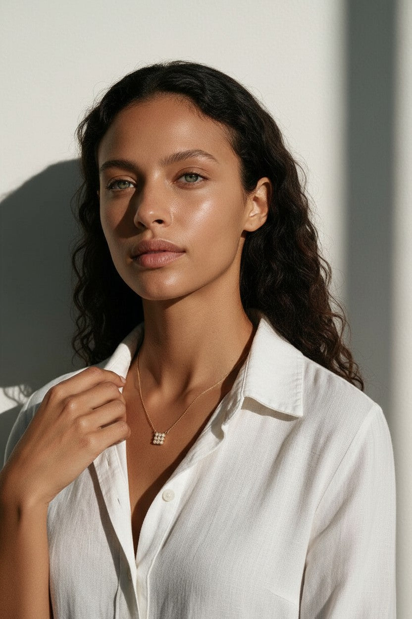 pave cluster pendant necklace, crystal pendant necklace gold, dainty pendant necklace, 18K gold overlay necklace, minimalist crystal necklace, sparkly pendant on-model, small pendant necklace, layering pendant necklace