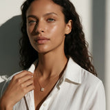 pave cluster pendant necklace, crystal pendant necklace gold, dainty pendant necklace, 18K gold overlay necklace, minimalist crystal necklace, sparkly pendant on-model, small pendant necklace, layering pendant necklace