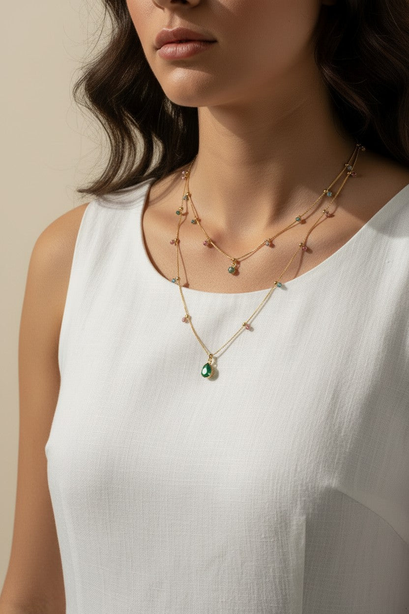 layered gemstone necklace, multicolor gemstone chain, emerald pendant necklace, gold layered necklace set, dainty gemstone necklace, colorful chain necklace, green stone pendant, layered necklace on-model