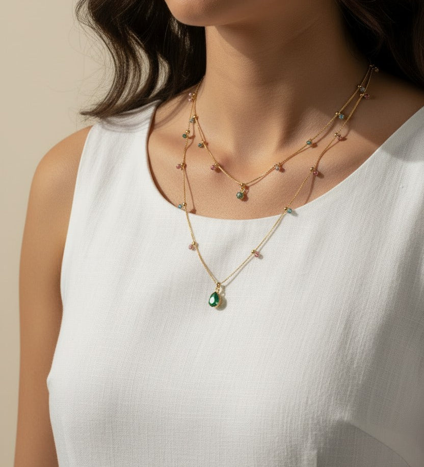 layered gemstone necklace, multicolor gemstone chain, emerald pendant necklace, gold layered necklace set, dainty gemstone necklace, colorful chain necklace, green stone pendant, layered necklace on-model