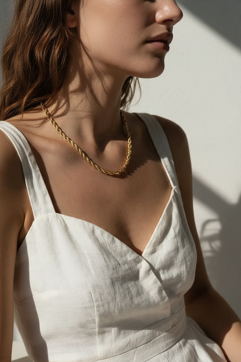 gold rope chain on model, twisted rope chain necklace, classic gold chain necklace, collarbone length chain, everyday gold necklace, layering chain necklace, unisex gold chain, medium rope chain, gold chain with lobster clasp, timeless gold jewelry, women’s gold rope chain, minimalist gold necklace