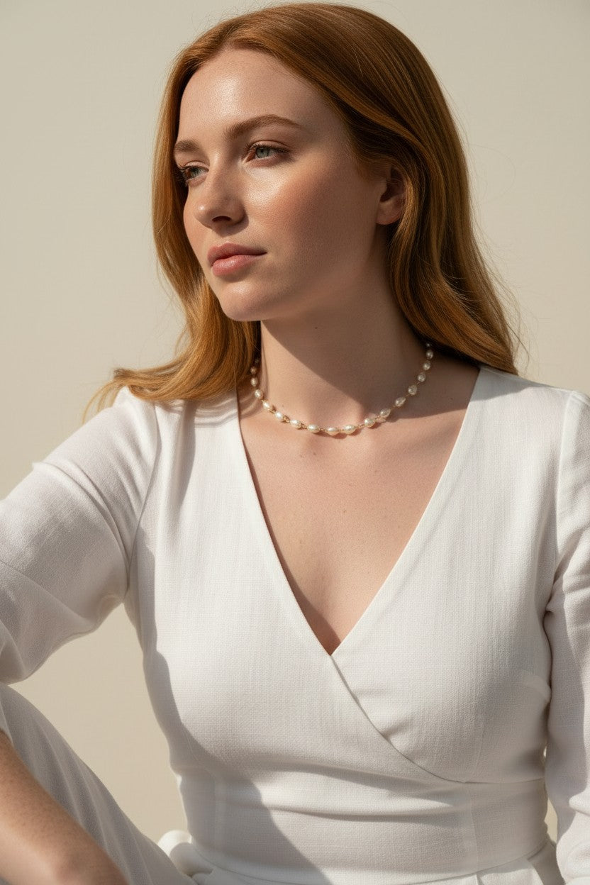 baroque pearl necklace, front toggle clasp necklace, freshwater pearl chain necklace, gold and pearl necklace on model, organic pearl necklace, statement clasp pearl necklace, dainty pearl choker, pearl necklace close-up