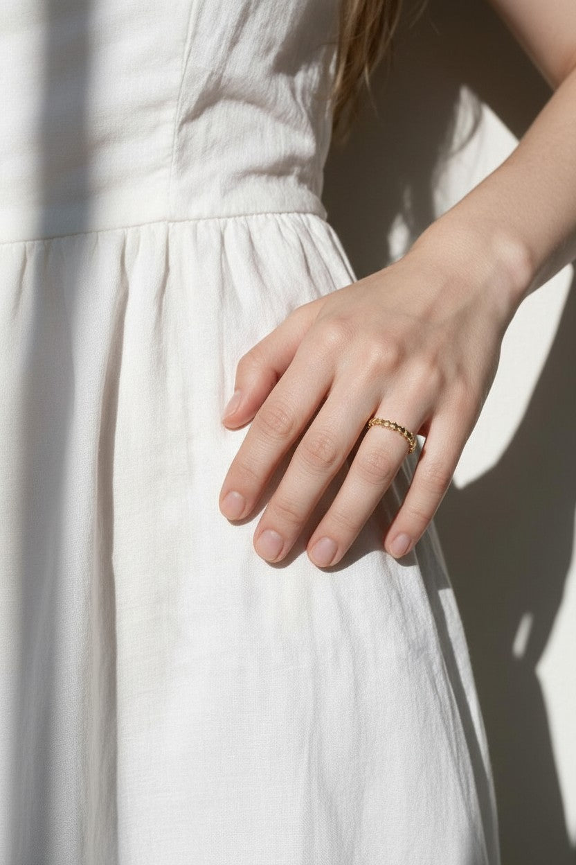 dainty gold band ring, beaded stacking ring, thin gold ring on model, minimalist stackable ring, scalloped gold band, everyday gold ring, delicate band ring