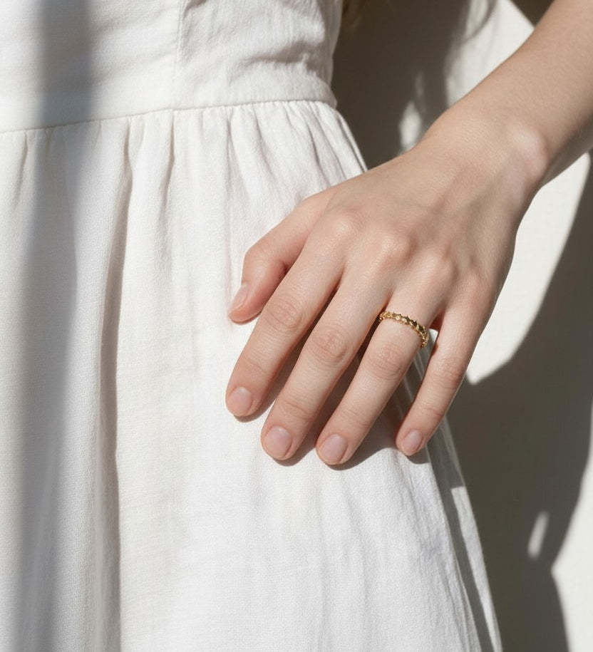 dainty gold band ring, beaded stacking ring, thin gold ring on model, minimalist stackable ring, scalloped gold band, everyday gold ring, delicate band ring