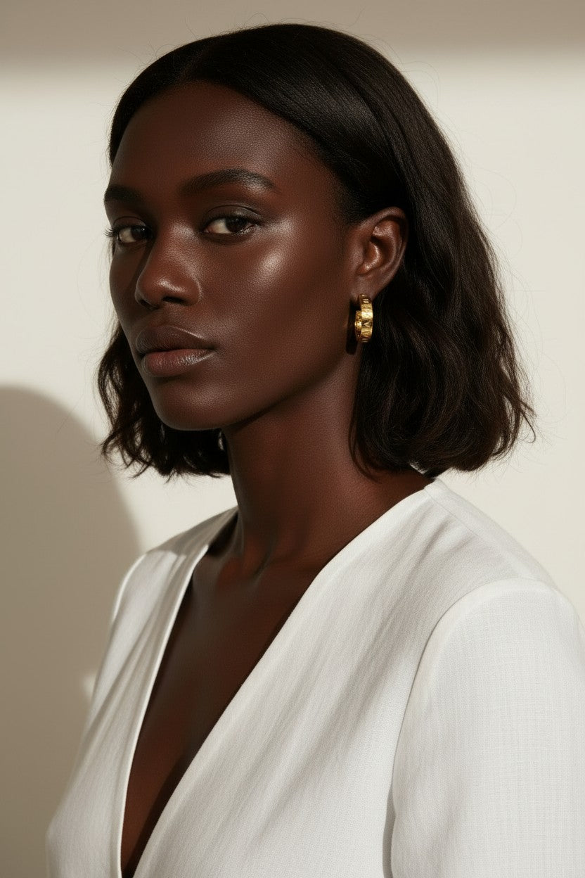 hammered gold hoop earrings, textured hoop earrings, gold huggie hoops, everyday gold earrings, small gold hoops, organic texture earrings, minimalist gold jewelry, on-model earring photography