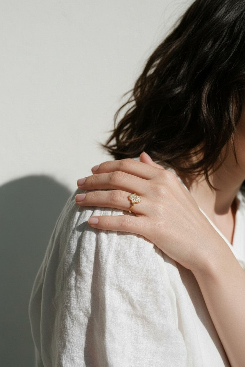 hamsa ring, pavé hamsa hand ring, crystal hamsa ring, gold hamsa jewelry, dainty symbol ring, protective charm ring, minimalist stacking ring, hamsa ring on model