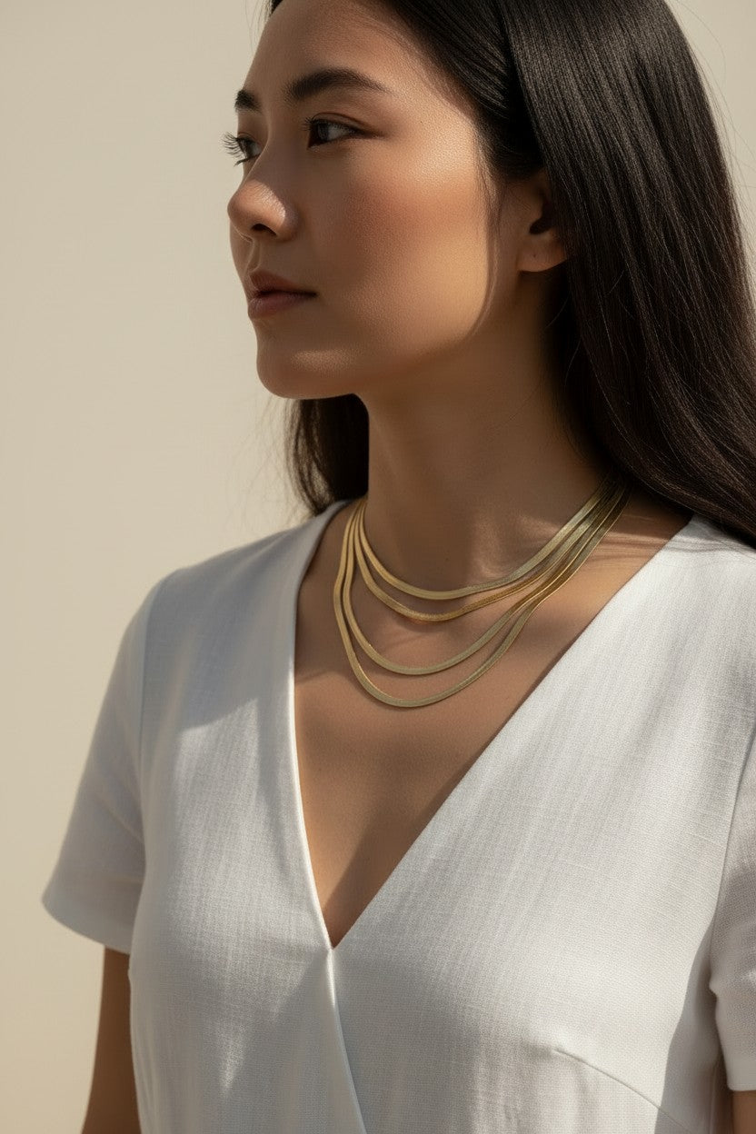 herringbone chain layered necklaces, gold herringbone layering set, multi-strand herringbone necklace, layered gold chain on model, 18k gold overlay chain set, herringbone choker and necklace, layered necklace styling, gold chain layering inspiration