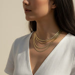 herringbone chain layered necklaces, gold herringbone layering set, multi-strand herringbone necklace, layered gold chain on model, 18k gold overlay chain set, herringbone choker and necklace, layered necklace styling, gold chain layering inspiration