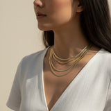 herringbone chain layered necklaces, gold herringbone layering set, multi-strand herringbone necklace, layered gold chain on model, 18k gold overlay chain set, herringbone choker and necklace, layered necklace styling, gold chain layering inspiration
