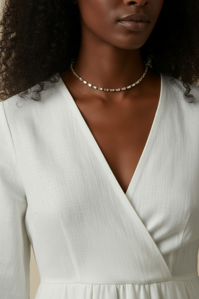 Milano Marvel Choker, baguette CZ choker, gold choker necklace on model, sideway baguette necklace, 18k gold overlay choker, statement choker necklace, sparkle choker styled, luxury choker necklace