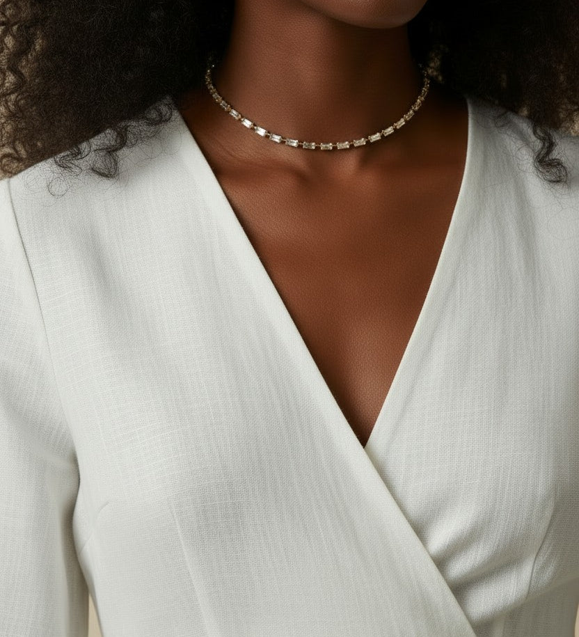 Milano Marvel Choker, baguette CZ choker, gold choker necklace on model, sideway baguette necklace, 18k gold overlay choker, statement choker necklace, sparkle choker styled, luxury choker necklace
