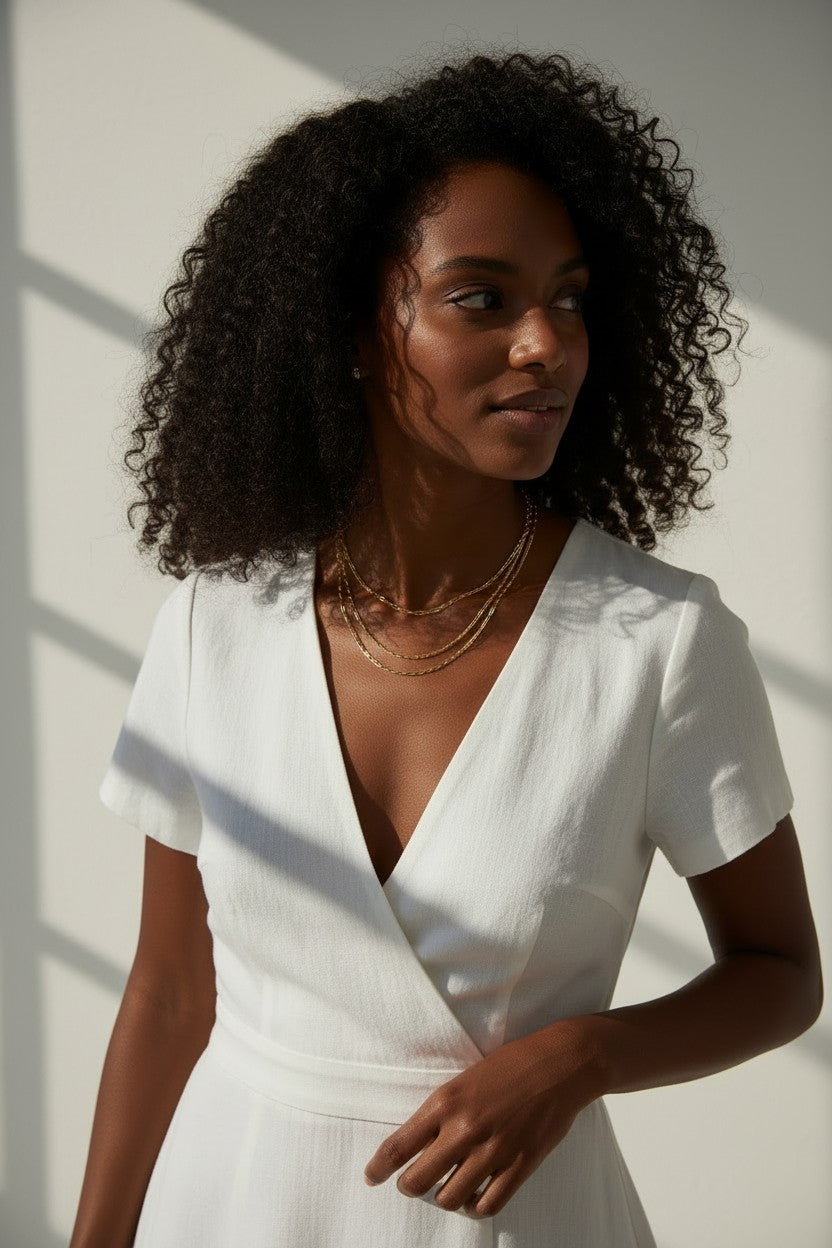 layered chain necklaces, figaro chain necklace, snake chain necklace, gold chain stack on-model, 18K gold overlay necklaces, layered necklace duo, mixed chain layering, gold necklace stack