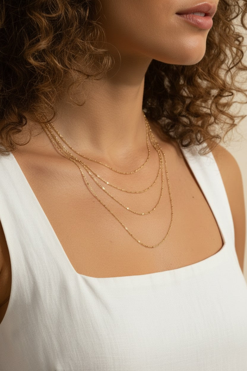 layered satellite necklace, beaded chain necklace, cascading gold necklace, dainty layered necklace, 18k gold satellite chain, multi strand beaded necklace, delicate gold necklace set, graduated layered chain