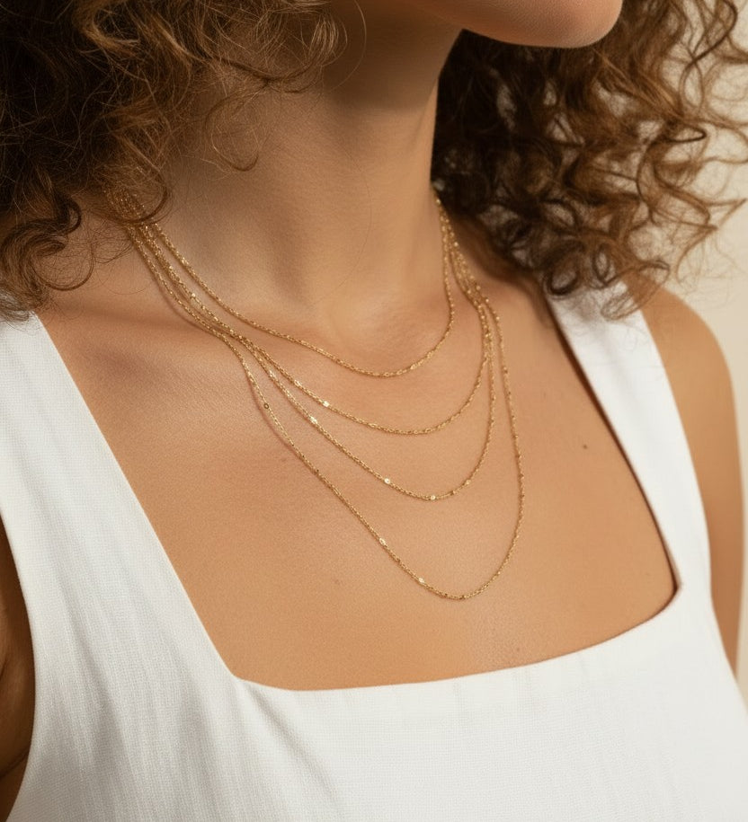 layered satellite necklace, beaded chain necklace, cascading gold necklace, dainty layered necklace, 18k gold satellite chain, multi strand beaded necklace, delicate gold necklace set, graduated layered chain
