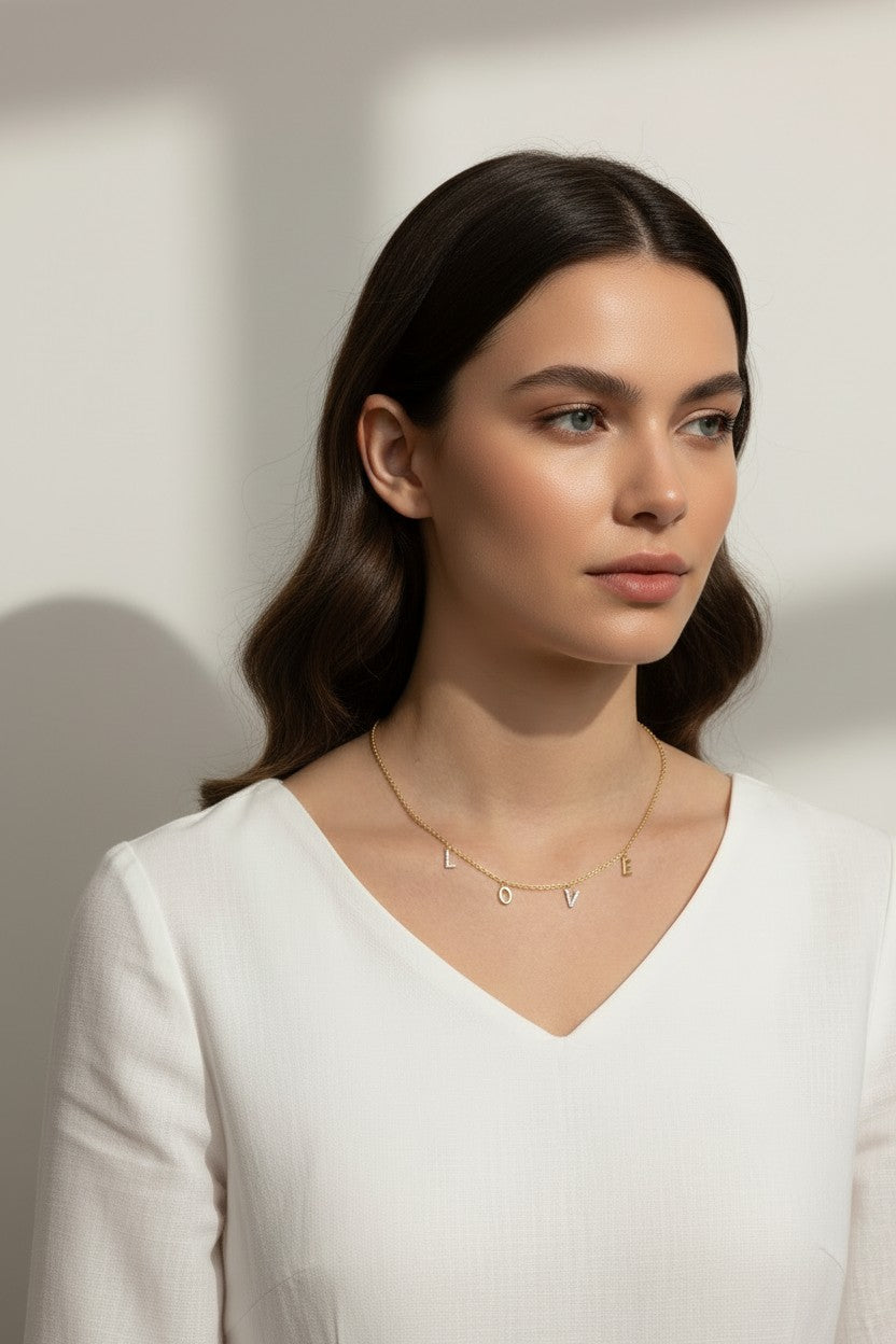 love necklace on model, letter charm necklace lifestyle, dangling love pendant styled, pavé letter necklace worn, gold love charm necklace, sentimental jewelry gift, word necklace on neck, cubic zirconia letter necklace