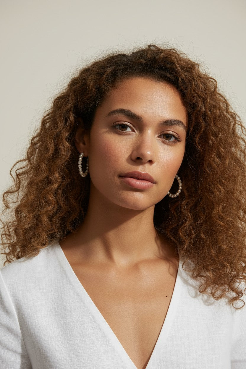 pearl hoop earrings worn, pearl earrings on model multiple hairstyles, classic pearl hoops lifestyle photo, wedding pearl earrings styled, freshwater pearl hoops fit, timeless pearl earrings close-up
