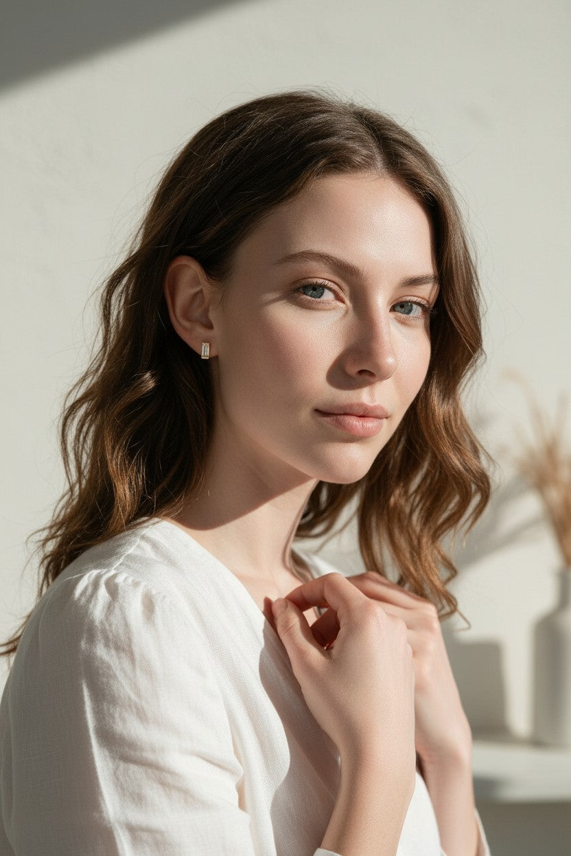 baguette stud earrings, gold baguette earrings, rectangle stud earrings, cubic zirconia baguette studs, minimalist stud earrings, dainty gold studs, bezel set stud earrings, everyday stud earrings, small sparkle earrings, earring stack studs, bridesmaid gift, gift for her