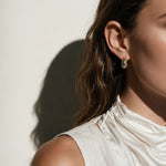 chunky gold hoop earrings on model, dome hoop earrings, crystal c hoop earrings, thick gold huggie earrings, sparkly gold hoops, statement huggie earrings, matching ring and earrings set, chunky gold dome ring, cubic zirconia hoop earrings, gold dome earrings, bold gold jewelry set, women’s chunky hoops