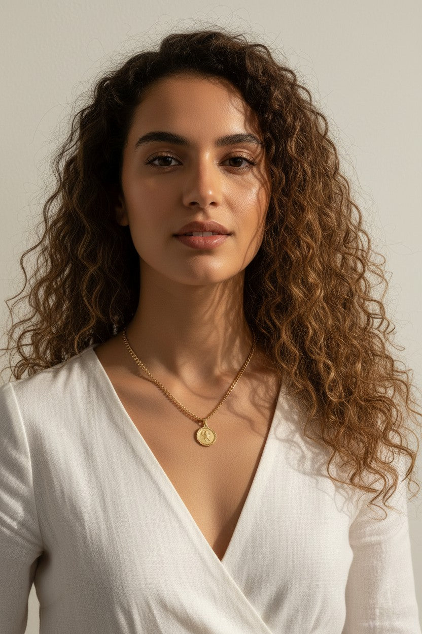 gold coin pendant necklace worn, curb chain medallion necklace styled, vintage coin necklace fit, engraved coin pendant lifestyle photo, gold medallion necklace close-up, classical figure coin necklace