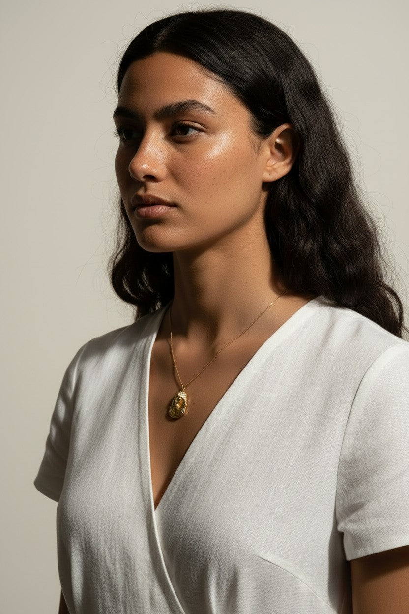 gold pharaoh necklace, Egyptian mask pendant necklace, King Tut necklace, statement gold necklace, Egyptian jewelry, textured gold necklace, historical pendant necklace, on-model necklace photography