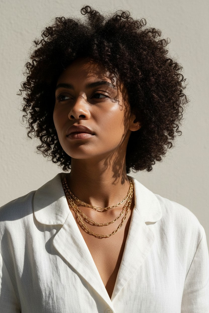 layered paperclip chain necklace, gold paperclip necklace on model, layered gold chains, paperclip link chain set, chunky chain layering, graduated length necklaces, everyday gold chain stack