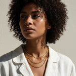layered paperclip chain necklace, gold paperclip necklace on model, layered gold chains, paperclip link chain set, chunky chain layering, graduated length necklaces, everyday gold chain stack