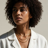 layered paperclip chain necklace, gold paperclip necklace on model, layered gold chains, paperclip link chain set, chunky chain layering, graduated length necklaces, everyday gold chain stack