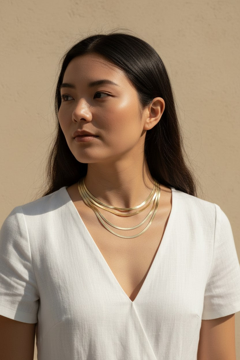 herringbone chain layered necklaces, gold herringbone layering set, multi-strand herringbone necklace, layered gold chain on model, 18k gold overlay chain set, herringbone choker and necklace, layered necklace styling, gold chain layering inspiration