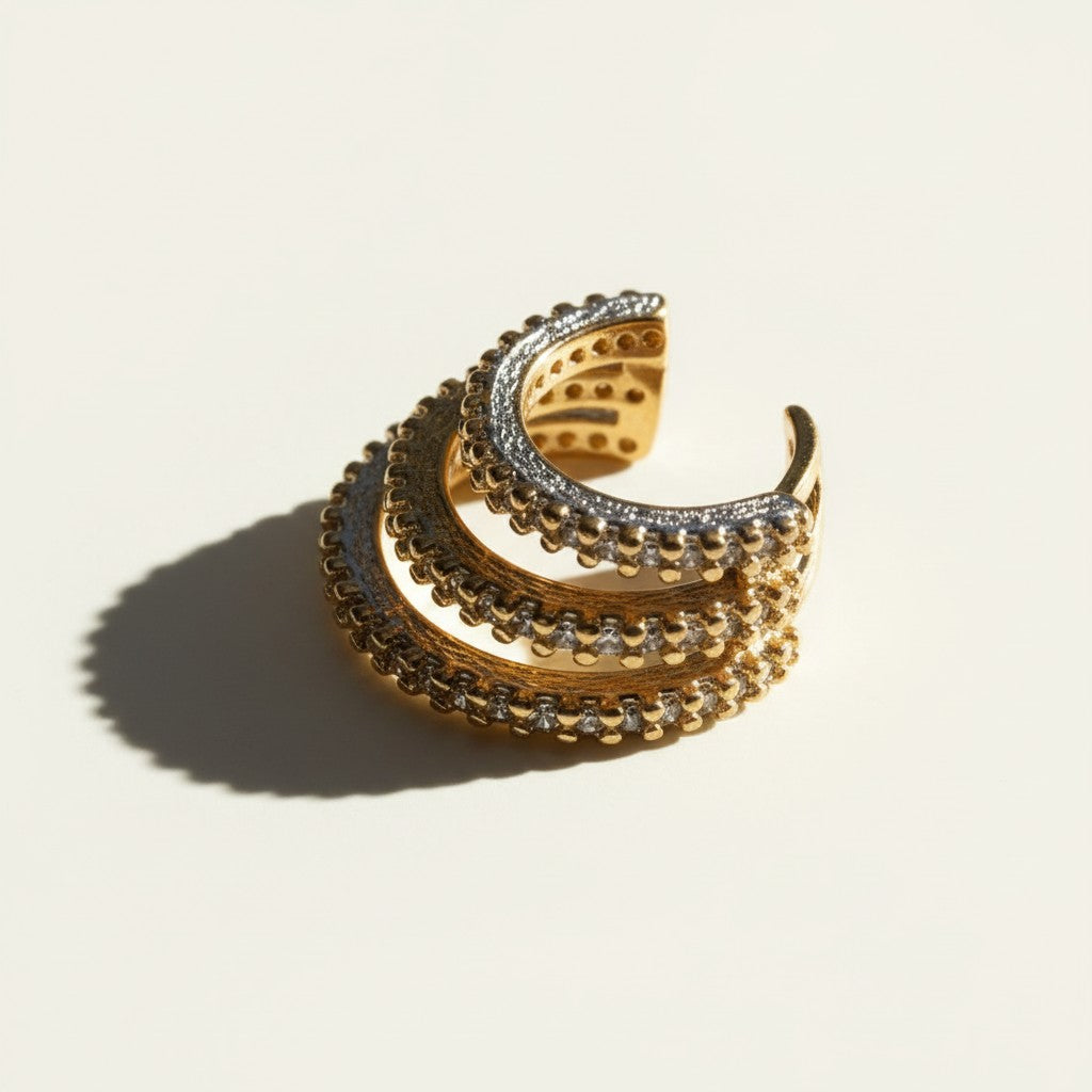 triple band ear cuff, pavé ear cuff, crystal ear cuff, gold ear cuff, no piercing ear cuff, three row ear cuff, stacked hoop look cuff, sparkly ear cuff detail