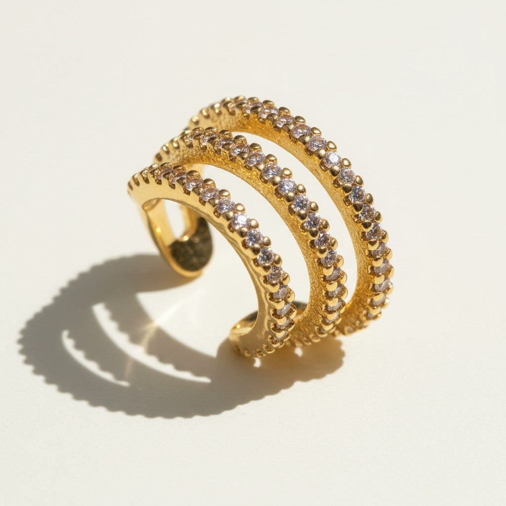 triple band ear cuff, pavé ear cuff, crystal ear cuff, gold ear cuff, no piercing ear cuff, three row ear cuff, stacked hoop look cuff, sparkly ear cuff detail