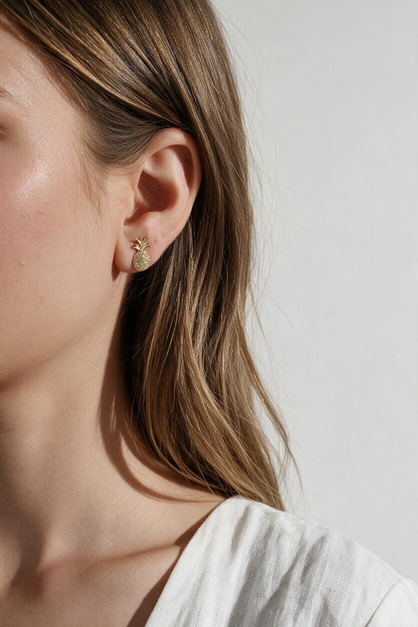 pineapple stud earrings, pavé pineapple earrings, gold pineapple studs, tropical stud earrings, crystal fruit earrings, dainty novelty earrings, summer stud earrings, pineapple earrings on model